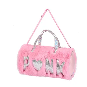 Fábrica Hot Selling Pink Glitter Letter Plush Duffle Bag Alta Qualidade Soft Maior Capacidade Travel Bag Para Crianças