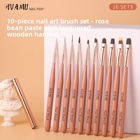 Ensemble de 10 pinceaux de nail art à manche en bois peint, ensemble complet, pointes rondes/angulaires, pinceaux liner pour gel polish, formes de poils plats/liners