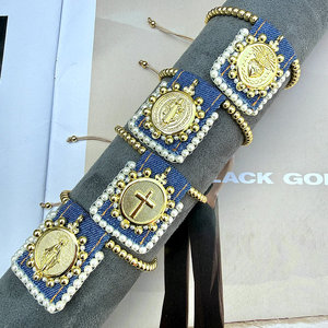 CH-LHB1303 Bonita Pulsera <span class=keywords><strong>de</strong></span> Cuentas Ajustable con Dijes <span class=keywords><strong>de</strong></span> San <span class=keywords><strong>Benito</strong></span>/<span class=keywords><strong>Cruz</strong></span>/Corazón Bañada en Oro, Venta al por Mayor, Pulsera Religiosa con Dijes - Product Image 3