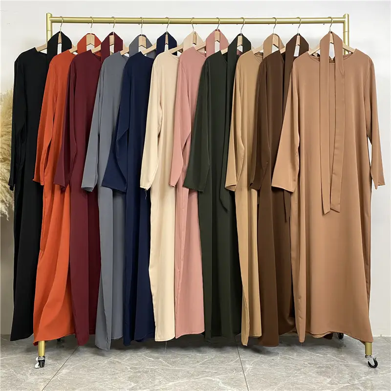 सुरुचिपूर्ण ठोस रंग जेब के साथ मुस्लिम प्रार्थना पोशाक क्रू गर्दन बुनियादी शर्ट लंबी बेल्ट स्लिम फीता अप ईद कपड़े के लिए मुस्लिम लड़कियों