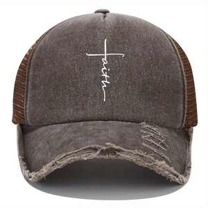 Faith Cross Impreso Gorra de béisbol Vintage Raw Hem Lavado Desgastado Malla transpirable Sombrero para el sol Sombreros ajustables para papá - Product Image 6