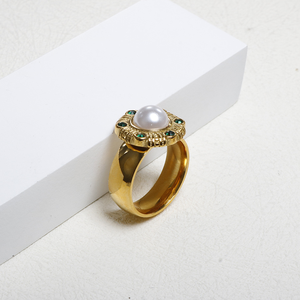 Anello Vintage in Acciaio Inossidabile 316 Placcato Oro 18K PVD con Perla e Zirconia Cubica Verde 5A, Gioiello Unico da Donna - Product Image 2