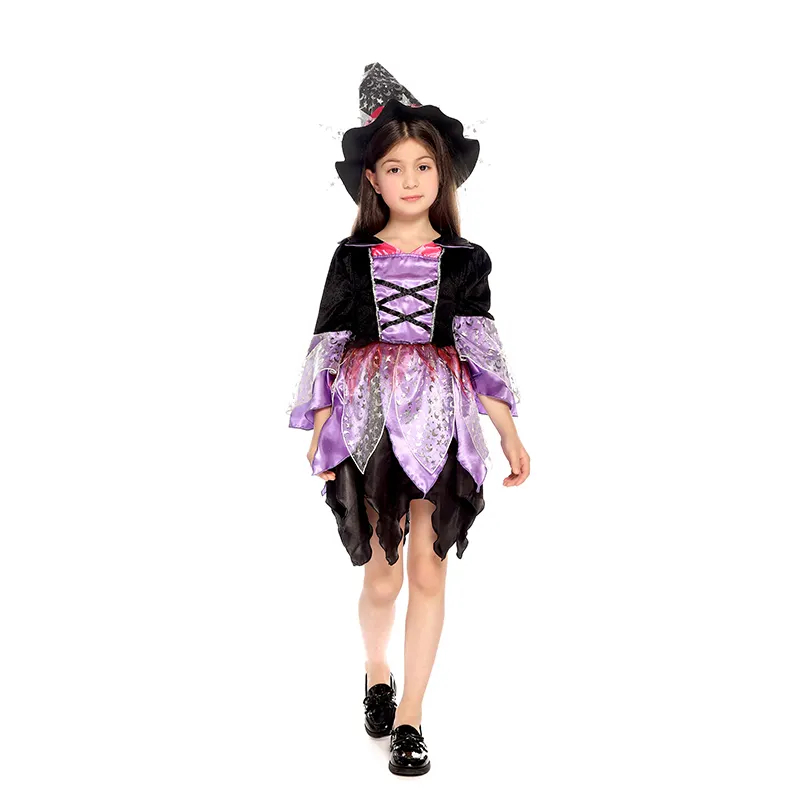 Halloween costume cosplay kids girl purple witch Princess dress