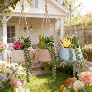 Ensemble de jardinières suspendues en céramique texturée avec des succulentes artificielles - Décoration intérieure/extérieure - Product Image 1