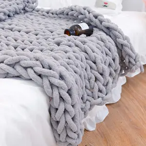 Manta de lana de chenilla de estilo Ins, manta tejida a mano de hilo grueso, cubierta de sofá