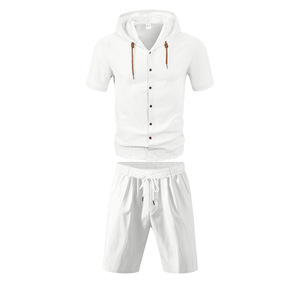 Ensemble de plage en lin d'été pour homme, blanc, 2 pièces, chemise à manches courtes et short à taille élastique, pour les voyages et les tenues décontractées - Product Image 5