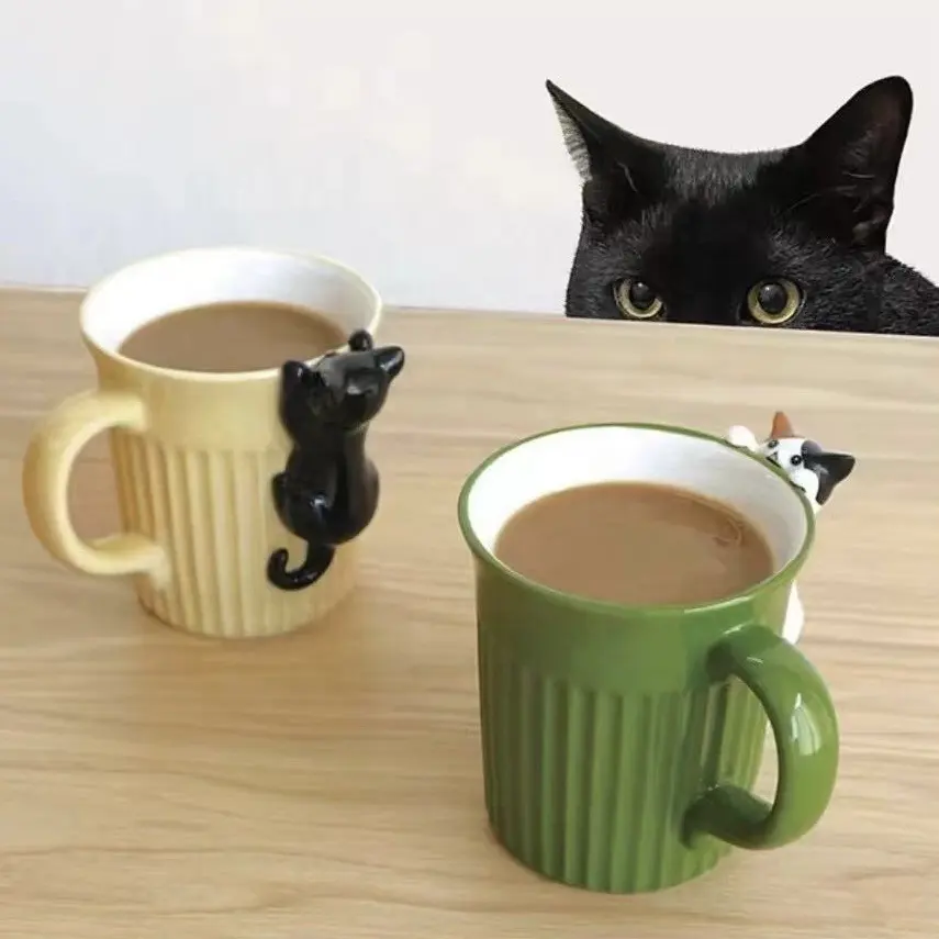 日本の垂直パターン3D漫画動物の装飾のぞき見黒猫カップかわいいカリコ猫コーヒーマグ