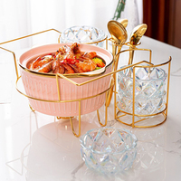 Services de table en céramique en gros, vaisselle en porcelaine de luxe, service de table en céramique, pot à soupe en céramique et ensemble de bols en verre avec support doré