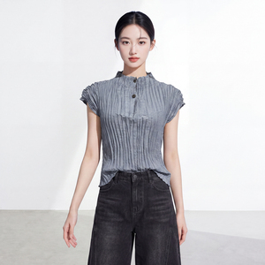Women's Casual Eco-Friendly Slim Fit 100% Polyester Stand Collar <b>Top</b> Customizable Breathable <b>Cap</b> <b>Sleeve</b> Shirt Bulk Wholesale - Product Image 2