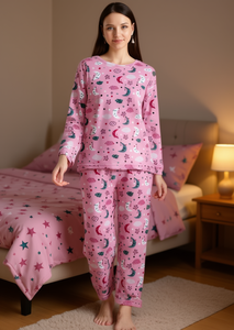 Pigiama da donna in morbido pile, set con maniche lunghe, stampa cartoon, abbigliamento da notte invernale, girocollo, vita elasticizzata, casual. - Product Image 2