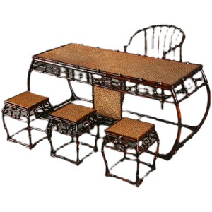 Chinese <b>Bamboo</b> Tea Table Set Ming Song Style Oblong Rattan Top Metal Frame 4 Seater Restaurant Furniture - Product Image 5