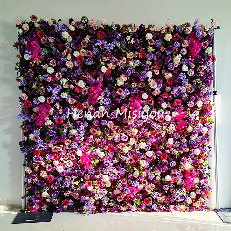 Décor de mariage personnalisé 3D tissu enroulé fleurs murs violet Rose mariage fleur artificielle soie mur panneau toile de fond