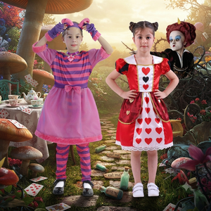 Ensemble <span class=keywords><strong>de</strong></span> costumes pour enfants : comprenant une robe du <span class=keywords><strong>Chat</strong></span> du <span class=keywords><strong>Cheshire</strong></span> et une tenue <span class=keywords><strong>de</strong></span> Reine des Cœurs - Parfait pour les fêtes à thème et les soirées d'Halloween - Product Image 1