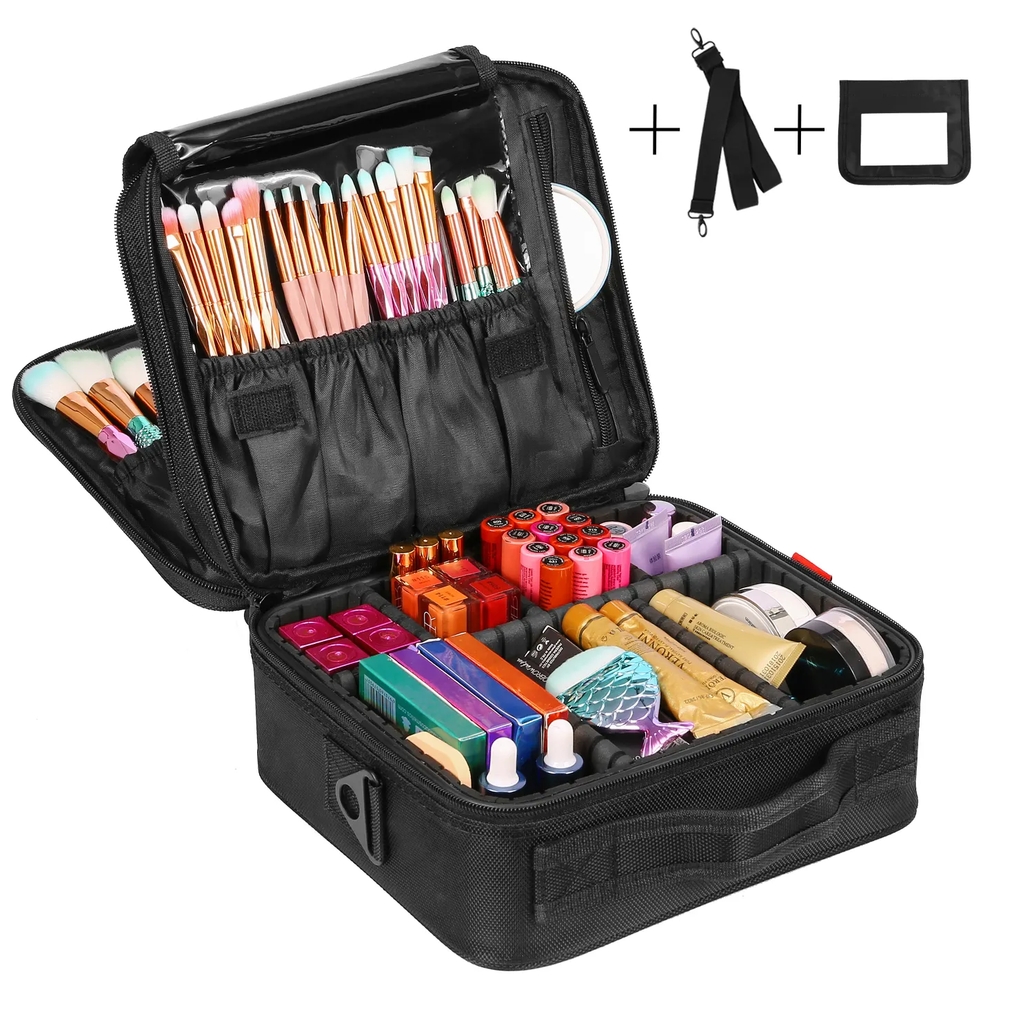 Lokass Nylon Cosmetic Case Storage Organizer Travel Make up Bag Portable Makeup Train Case for Women with Adjustable Dividers