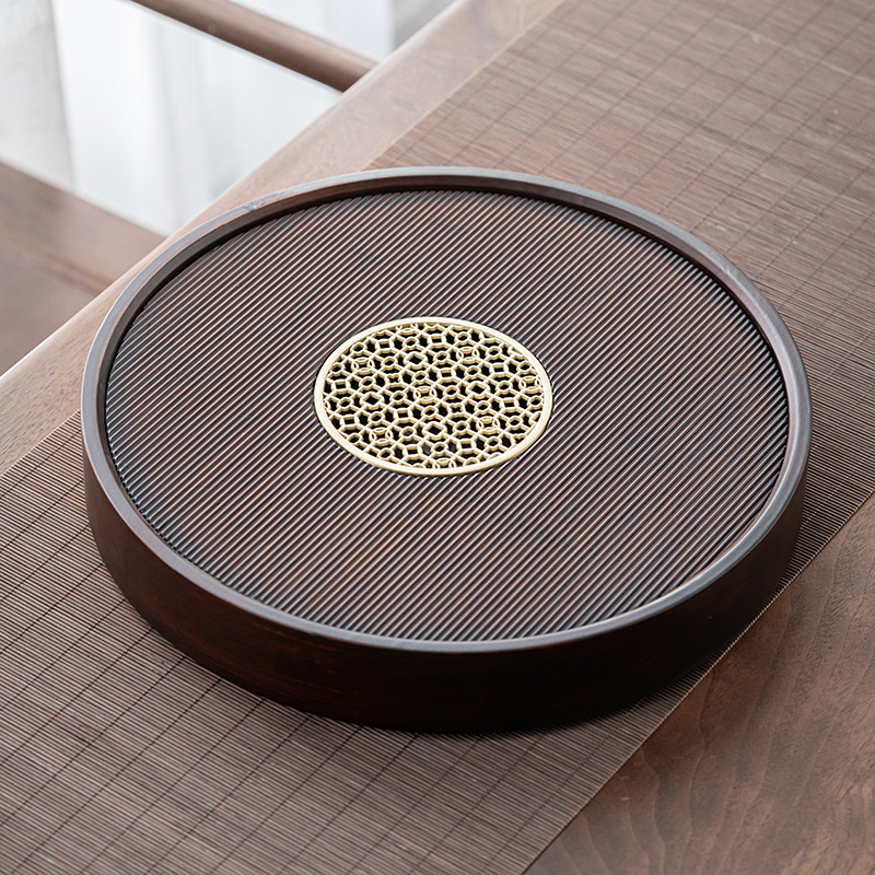 Walnut-colored bamboo round tea tray (medium size)