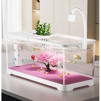 Aquarium écologique de bureau en plastique avec lumière et filtre à circulation automatique pour poissons rouges, motif fleurs de cerisier