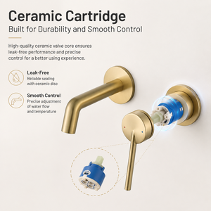 Rubinetto da Bagno a Parete in Ottone Spazzolato Oro, Miscelatore Monocomando a 2 Fori per Lavabo, Valvola in Ceramica Nascosta - Product Image 5