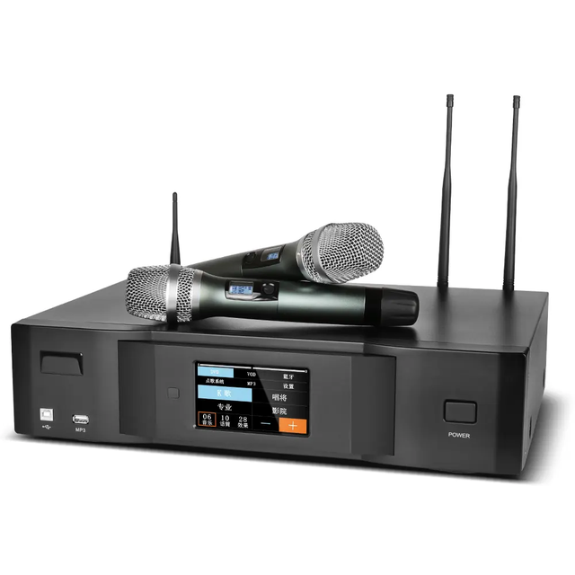 Professional K450 500W*2 Jukebox Function Power Amplifier Metal Digital Audio Amplifier with 2 Wireless Handheld Mic