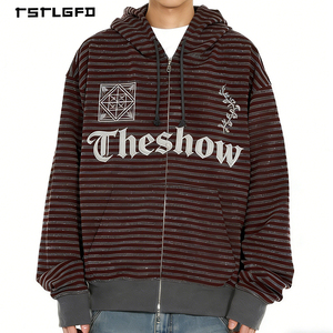 Sudadera con Capucha Estilo Punk, Invierno, Estampado Vintage, Bordada, con Cierre, Rayas Horizontales, Hombros Caídos, Gris Carbón, 100% Algodón Orgánico - Product Image 1