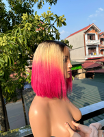 Perruque Lace Frontal Rose Lisse Effet Os, Coupe Bob Courte, Cheveux Humains Lisses Colorés, Mélange de Couleurs, Perruque Lace Closure, Perruques Cheveux Vierges