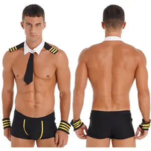 最新男装睡衣低腰弹性腰带平角短裤可拆卸衣领条纹袖口船长角色扮演服装