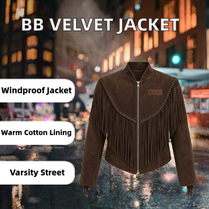 Chaqueta de Hombre de Ante Marrón con Flecos, Estilo Vintage, Cuello Alto, Cremallera, Chaqueta de Cuero con Borlas Estilo Western - Product Image 2