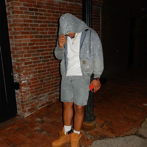 <span class=keywords><strong>Felpa</strong></span> da Uomo <span class=keywords><strong>con</strong></span> Cappuccio e <span class=keywords><strong>Zip</strong></span> in Denim Personalizzabile Stile Streetwear <span class=keywords><strong>Oversize</strong></span> <span class=keywords><strong>con</strong></span> Strass su Tutta la Superficie - Product Image 2