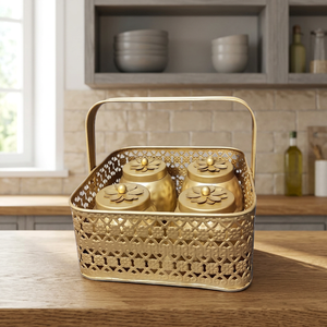 Vintage Metal Spice Storage <b>Basket</b> <b>With</b> Handle 8x4 Inches Kitchen Organizer For Spices <b>With</b> <b>Lids</b> Handcrafted Design - Product Image 5