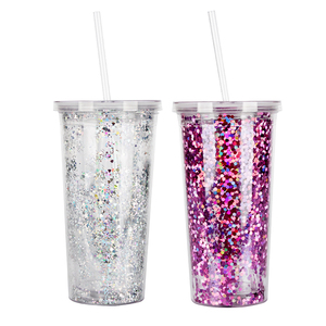 Cup Custom Vasos Bebidas Con Sorbete Tapa Y Pajita Logo, Wholesale Clear Pink Plastic Drinking Glitter Tumblers with Straw