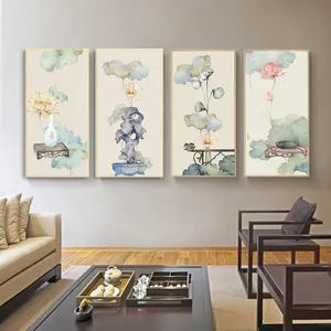 Nuevos carteles de hojas de loto de estilo antiguo Zen, impresiones en lienzo, decoración del hogar para sala de estar, arte de pared estético