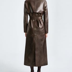 Abrigo de cuero largo de otoño con cinturón, bolsillos grandes, cintura ajustable, estilo moderno, chaqueta cortavientos de un solo botón - Product Image 5