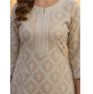 Beige Digital Print Cotton Casual <b>Kurta</b> Pant Set with Floral Dupatta Quick Dry Wrinkle Free <b>Womens</b> Ethnic Daily Wear - Product Image 2