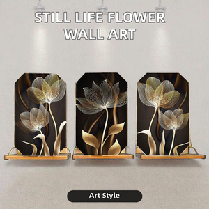 Ensemble d'art mural 3 pièces Lotus Doré de Luxe, impressions sur <span class=keywords><strong>toile</strong></span> florales abstraites, décoration <span class=keywords><strong>murale</strong></span> moderne minimaliste pour salon et salle à manger - Product Image 4