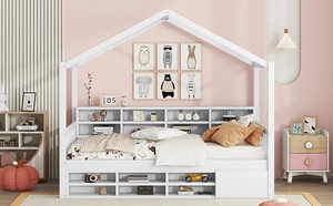 Tomy <span class=keywords><strong>Niki</strong></span> Lit de maison en bois blanc avec étagères Mini armoire Cadre de lit en pin pour printemps de boîte d'école non requis - Product Image 3