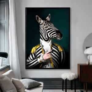 黑白经典狮子老虎大象长颈鹿狼马墙艺术海报和版画动物戴帽子帆布绘画