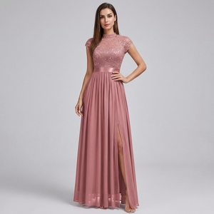 Abito da sera rosa <span class=keywords><strong>cannella</strong></span> a maniche corte |   Abito formale lungo fino al pavimento con spacco laterale e cerniera centrale sul retro - Product Image 1