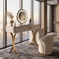 Coiffeuse Moderne Luxe Beige & Or en Bois avec Miroir Rond LED et Tabouret Matelassé - Ensemble Élégant pour Chambre/Salon