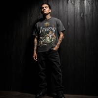 Camiseta de Hombre Vintage Hip Hop con Estampado Animal, Cuello Redondo, 100% Algodón Pesado, Ajuste Regular, Estilo Cropped, con Pedrería y Lavado Ácido, Impresión DTG