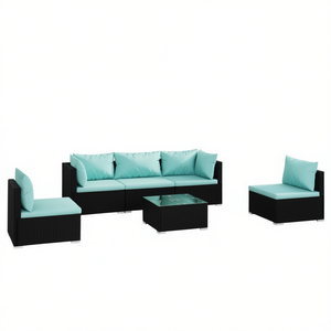 Ensemble de salon de jardin en rotin noir avec coussins bleus, mobilier d'extérieur 4 places, design contemporain, résistant aux intempéries - Product Image 1