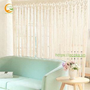 Rideau en macramé OEM pour fenêtre, porte, placard, toile de fond de mariage, décoration bohème avec pompons, du Vietnam - Product Image 4