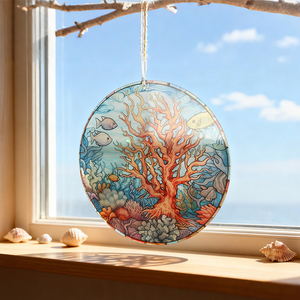 OEM ODM Coral Stained Glass <b>Window</b> Hanging, Marine Fish Stained Glass Glass <b>Panel</b> for Bathroom Decoration - Product Image 1
