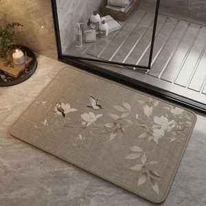 Tapis de salle de bain rectangulaire antidérapant à séchage rapide, imitation lin style chinois, motif lotus et poissons, lavable, pour porte. - Product Image 2