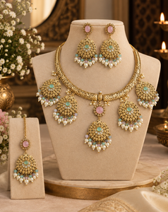 Gold Plated Brass <b>Bridal</b> <b>Jewelry</b> <b>Set</b> Green Zircon Imitation Pearl Necklace Earrings Maang Tikka Wedding For Womens Classic Style - Product Image 2