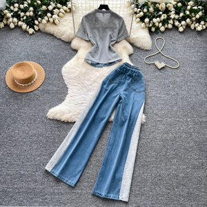 Conjunto de 2 piezas vintage de verano para mujer, top y pantalón vaquero ajustado con patchwork, trajes deportivos al por mayor - Product Image 4