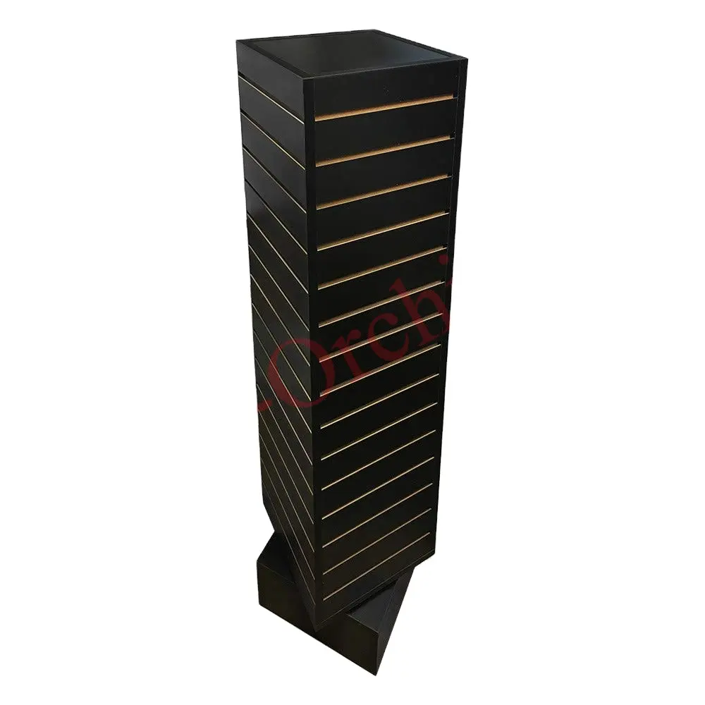 Free Custom Modern Style Rack 4 Tier Open Wooden Book Shelf Revolving Slatwall Floor Display Stand for Living Room