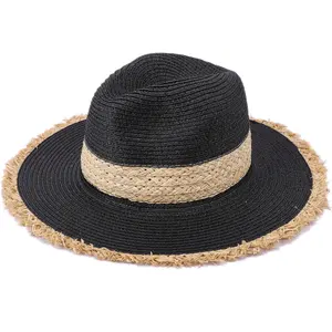 ที่กําหนดเองปานามาม้วนขึ้น Fedora ชายหาดจับคู่หมวกดวงอาทิตย์บรรจุปีกกว้าง UPF50 + สองโทน Raffia ปานาม่าแจ๊สหมวกฟางสําหรับผู้หญิง