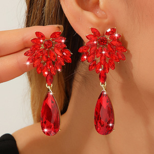 European and American style <b>crystal</b> water drop <b>earrings</b> women's long flower diamond <b>earrings</b> high fashion temperament <b>earrings</b> - Product Image 4