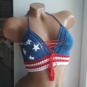 ชุดบิกินี่ถักโครเชต์ลายธงชาติอเมริกาแบบกำหนดเอง ดีไซน์เซ็กซี่สำหรับสาวๆ พร้อมพู่ห้อย สายรัดแบบมินิบิกินี่ ชุดว่ายน้ำสำหรับผู้หญิง - Product Image 1