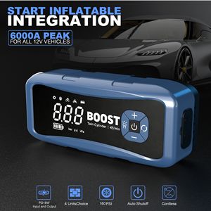 Пусковое устройство для автомобиля и грузовика 6000А с компрессором, двухцилиндровый насос для шин 160PSI, 12В, внешний аккумулятор, двойное USB, быстрая зарядка PD - Product Image 2