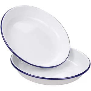 Plato redondo para hornear con borde de color, plato personalizado de 18cm, 20cm y 22cm de diámetro, para comida profunda, sopa, esmalte de metal